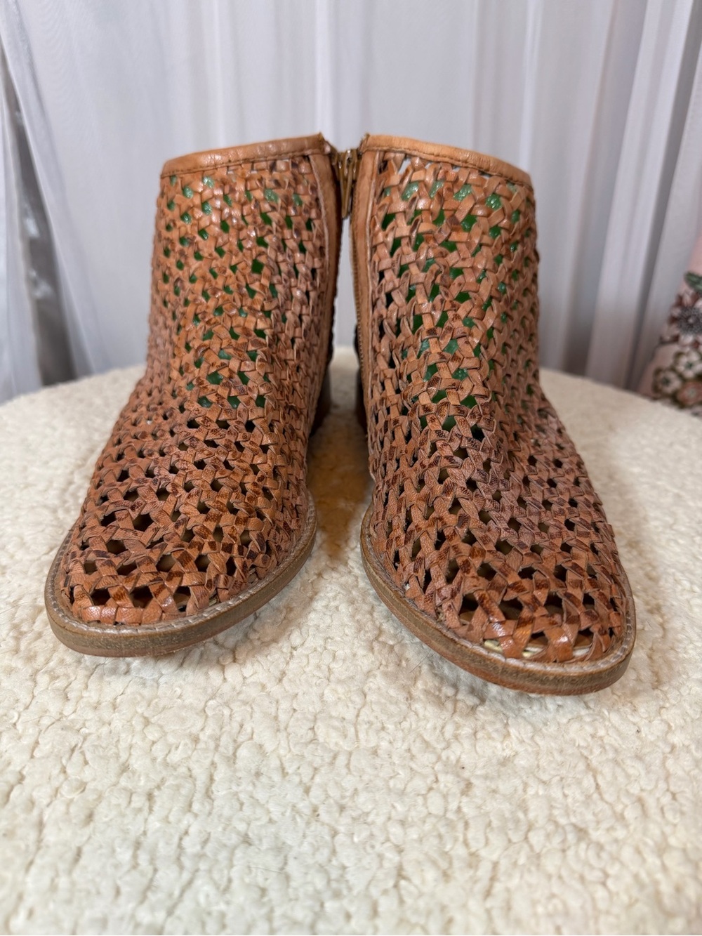 Free People Woven Leather Ankle Booties in Cognac Brown